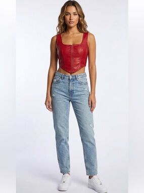 Night Out Red Faux Leather Zip Front Crop Top Size Small